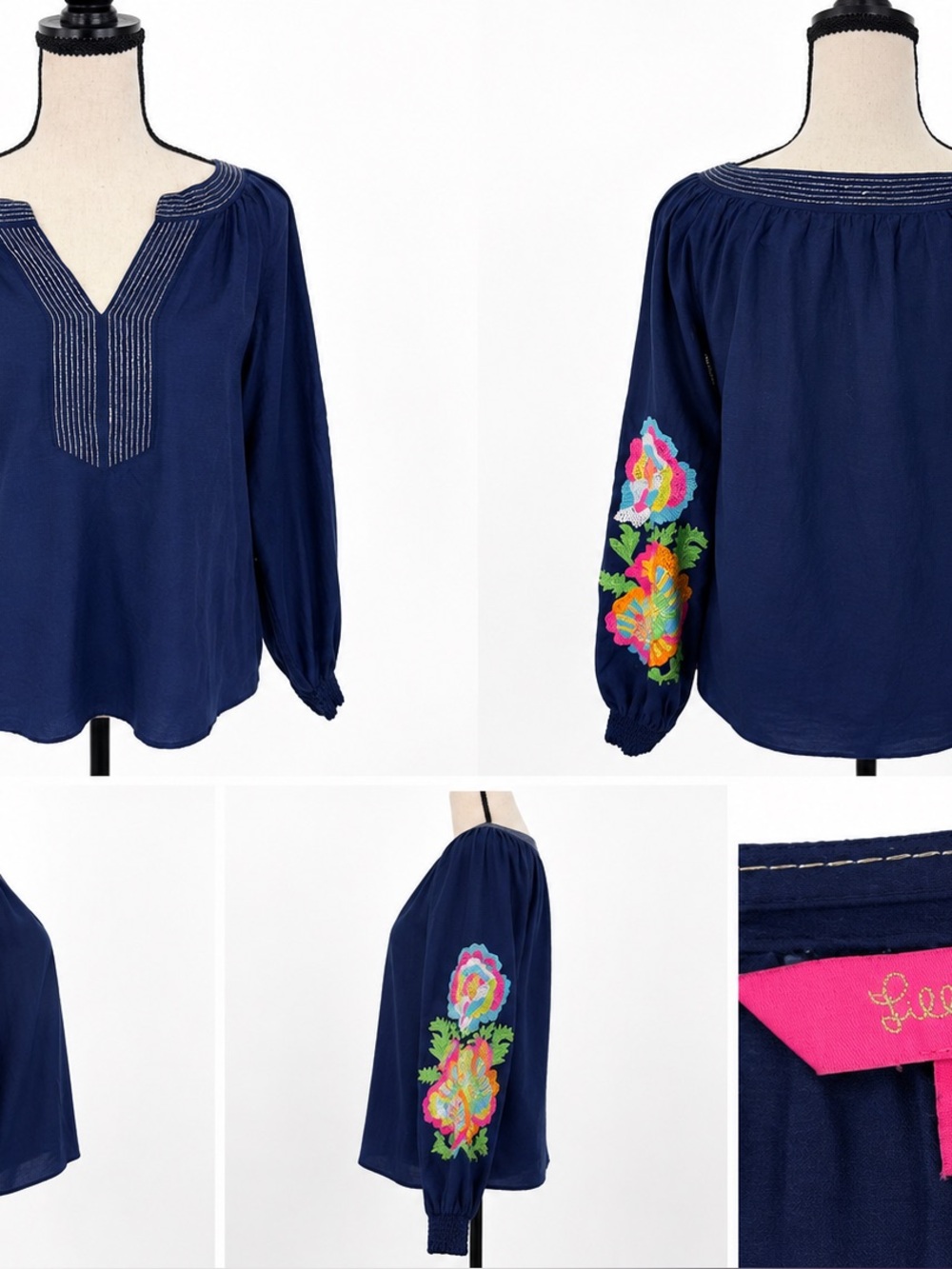 Lilly Pulitzer Embroidered Navy Peasant Blouse - Women Tops